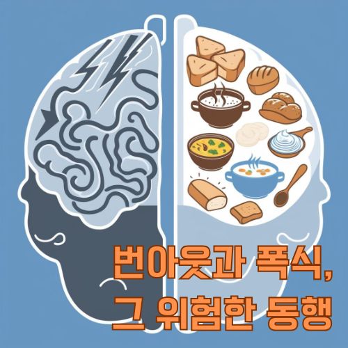 좌뇌와 우뇌를 보여주는 사진으로 좌뇌에는 갈등하는 모습이 그려져 있고 우뇌에는 많은 음식들이 있는 사진으로 폭식을 묘사함 