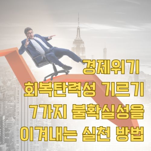 경제위기 회복탄력성을 위한 7가지 불확실성 극복 방법을 설명하는 비즈니스맨의 도전적인 포즈