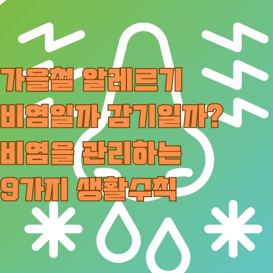 가을철 알레르기 비염을 상징하는 환절기의 모습을 보여주는 기호들과 훌쩍이고 있는 코를 보여주는 그림 