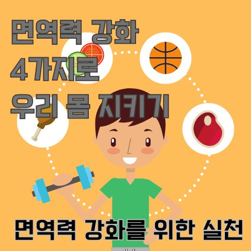 면역력 강화를 위해 아령을 들고 있는 남성과 그 주변에 건강에 도움되는 고기 음식, 농구공 등을 보여주는 그림.