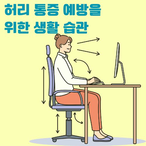 올바른 자세로 컴퓨터 작업하는 방법을 보여주는 일러스트레이션. 높이 조절 의자와 모니터 위치가 표시된 인체공학적 작업 자세