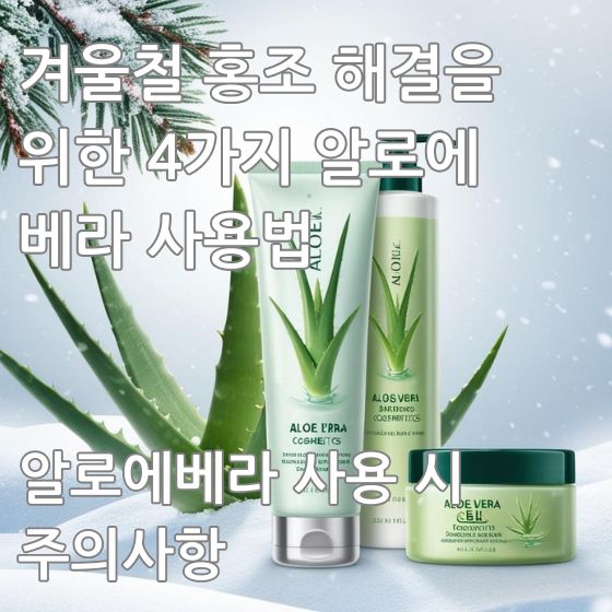 눈이 내리는 배경에 알로에베라와 알로에 화장품이 나열되어 있는 그림 