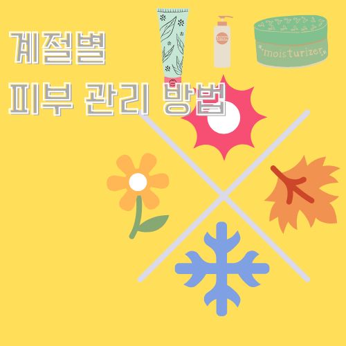환절기 피부 가려움증과 관리를 묘사하기 위해 4계절을 상징하는 햇빛, 낙엽, 눈, 꽃 그림 위로 보습 화장품 3개가 나열되어 있는 사진 