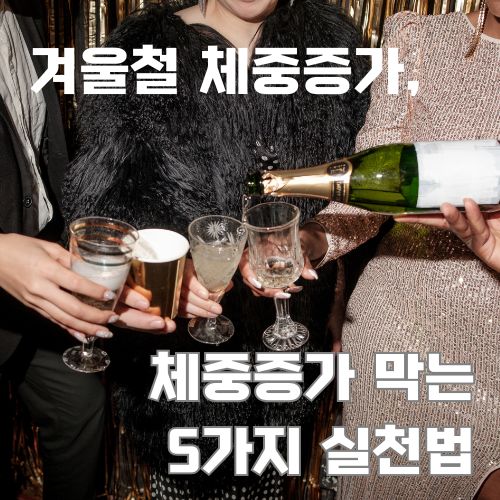 "겨울철 체중증가의 주요 원인인 연말 모임에서의 과도한 음주와 칼로리 섭취를 보여주는 건배 장면