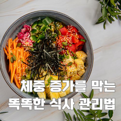 겨울철 체중증가 예방을 위한 균형 잡힌 영양의 건강한 비빔밥과 채소가 가득한 식사